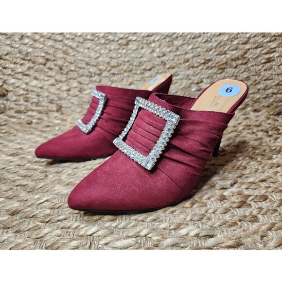 Anne Michelle Womens Slip On Mule High Heel Size 9 Rhinstone Buckle Burgundy Red - Picture 3 of 12